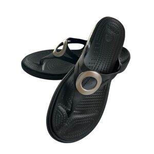 Crocs Sanrah Wedge Sandals Black Flip Flops Silver Circle Comfort Womens Size 6